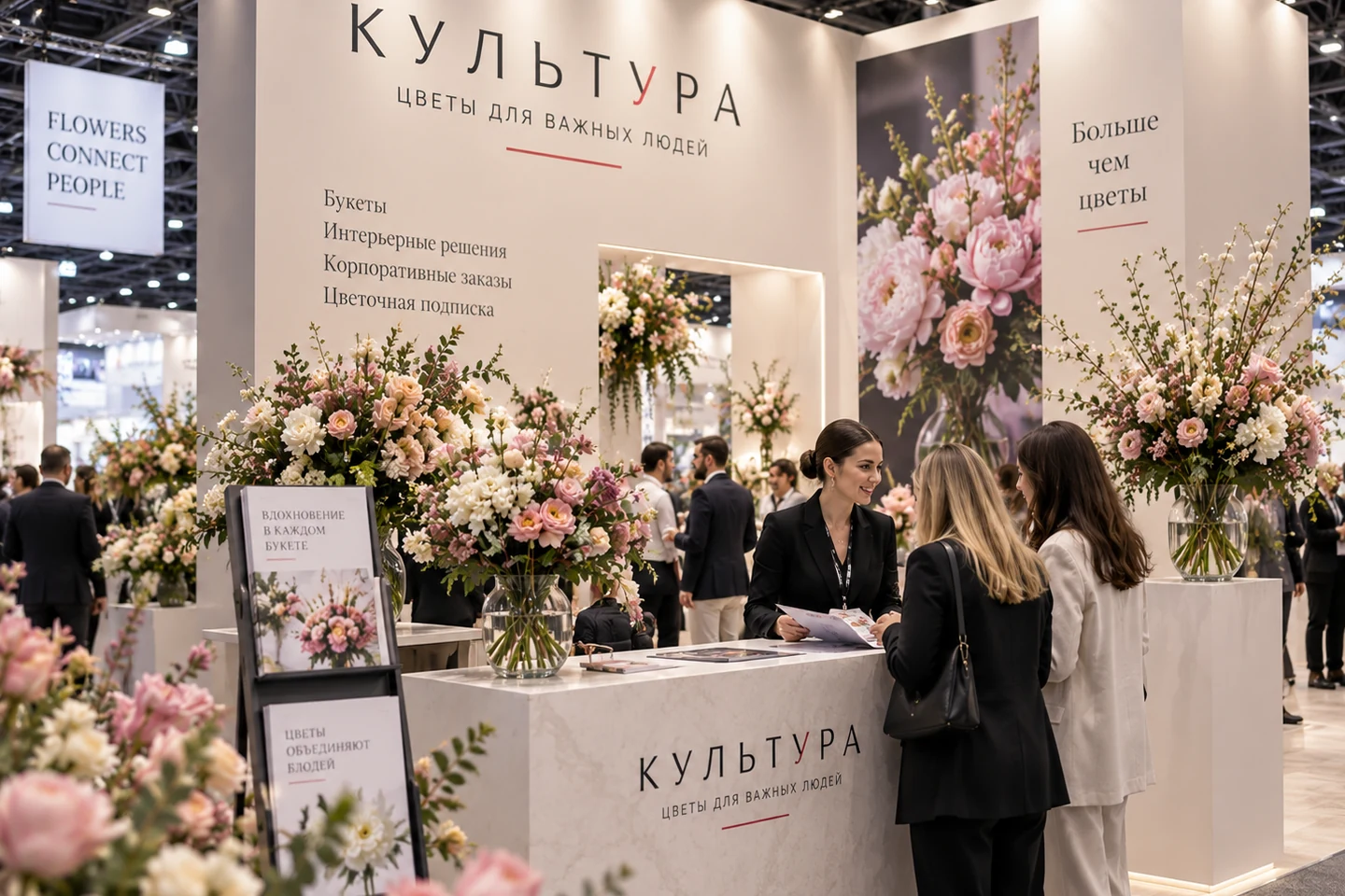 Гости рассматривают цветочные композиции на стенде «Культуры»