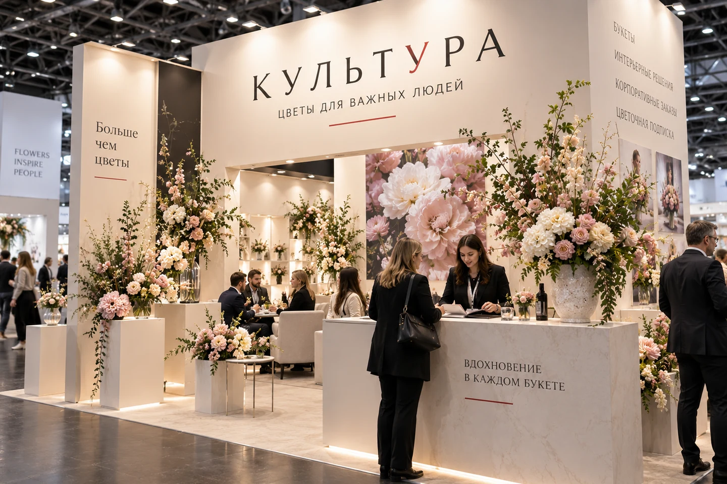 Флорист «Культуры» собирает композицию на выставочном стенде