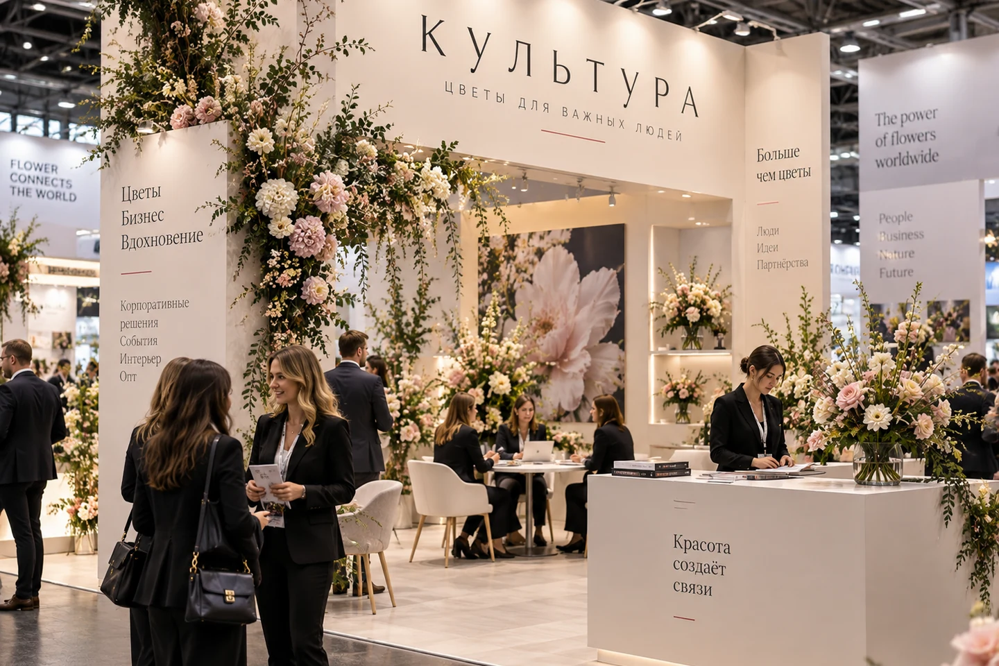 Флорист «Культуры» собирает композицию на выставочном стенде