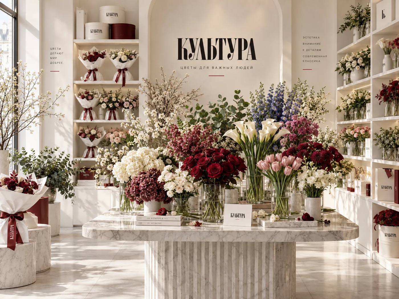 Цветочная витрина с готовыми композициями